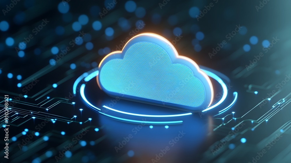 Poster futuristic cloud computing technology concept with glowing digital cloud icon on a circuit board, re