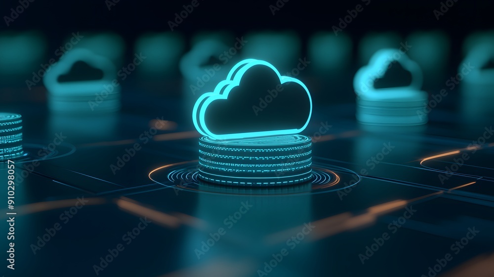 Poster futuristic cloud computing technology concept with glowing digital elements, representing data stora