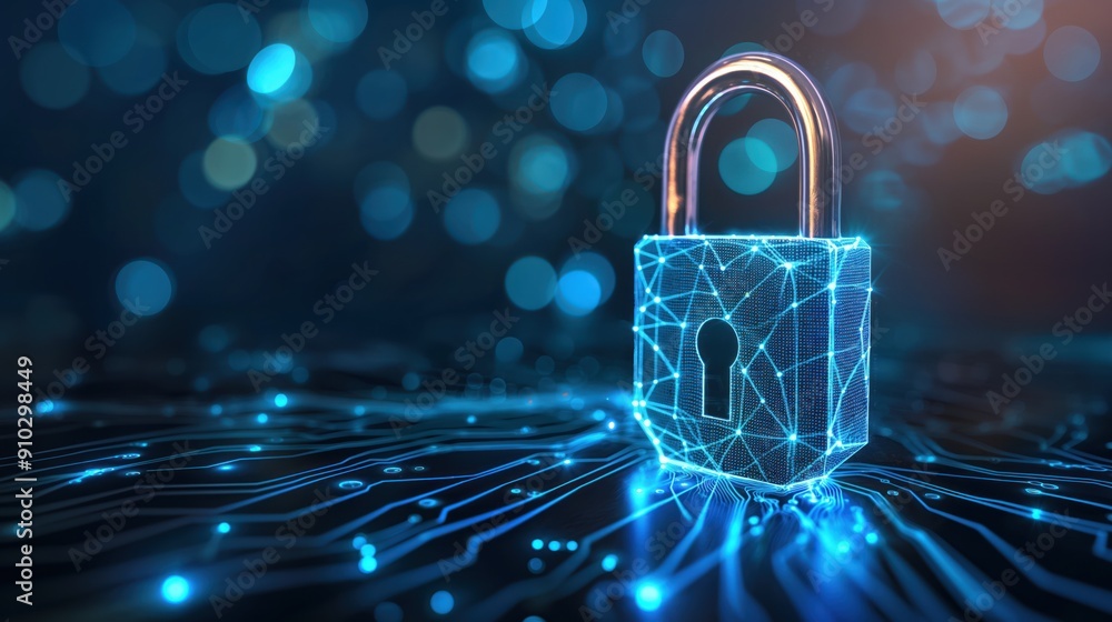 Poster digital padlock icon represents cyber security protection against unauthorized access threats. padlo