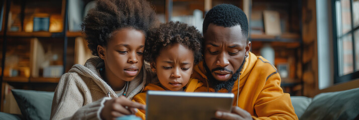 Family bonding over digital tablet. Father and two children engaging with a tablet at home, promoting togetherness, technology use, and education in family dynamics.