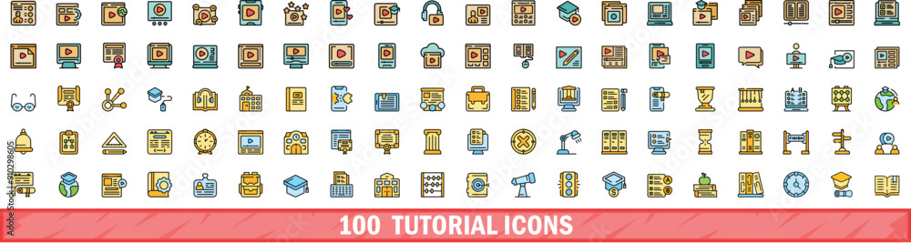 Poster 100 tutorial icons set. color line set of tutorial vector icons thin line color flat on white