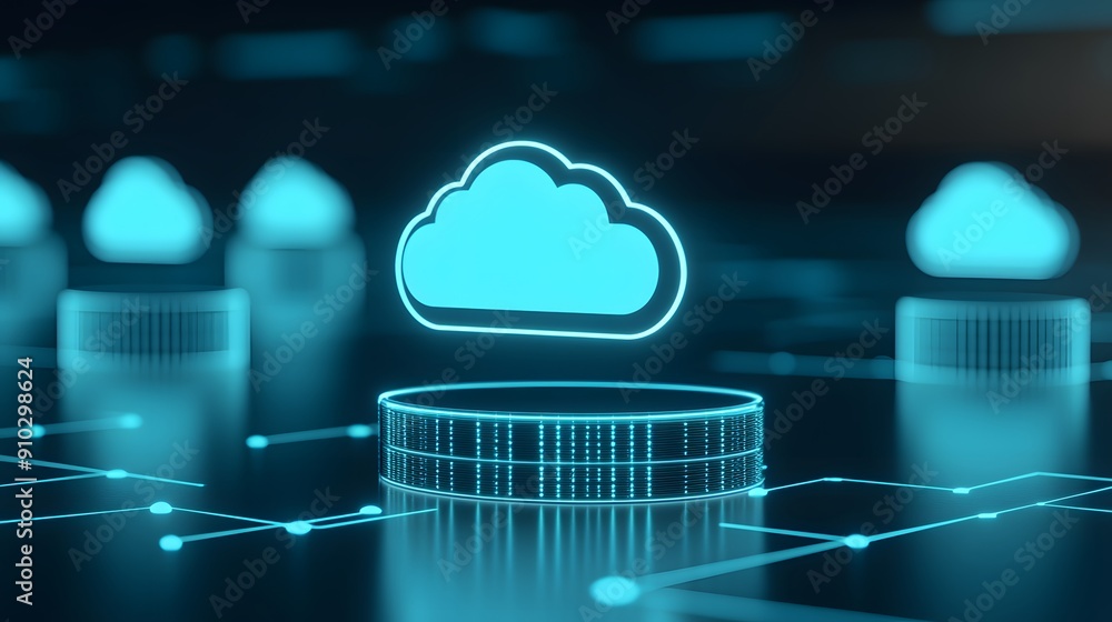 Poster futuristic cloud computing technology concept with virtual data storage and network connections in a