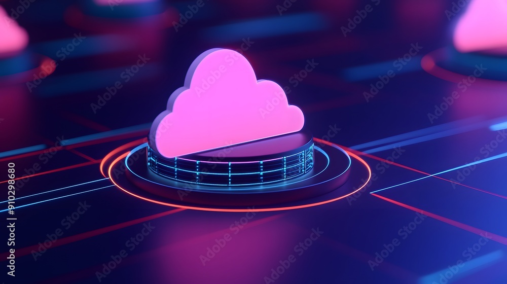 Poster futuristic cloud computing technology glowing in neon lights, symbolizing data storage and digital i