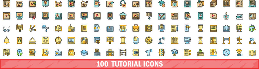 100 tutorial icons set. Color line set of tutorial vector icons thin line color flat on white