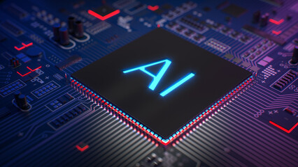 Up-close view of an artificial intelligence chip on a motherboard