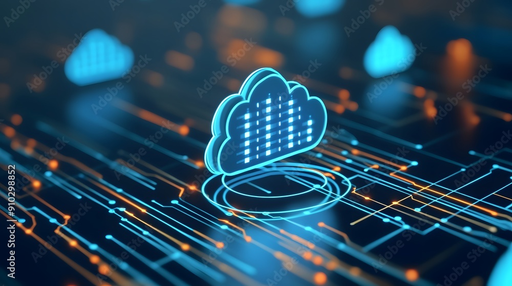 Poster futuristic cloud computing technology with a digital cloud icon and circuit board background represe
