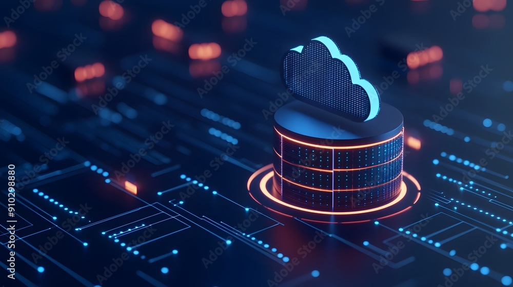 Poster futuristic cloud computing technology with data storage concept on a digital grid background, glowin