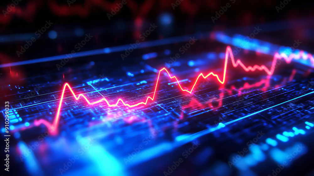 Poster digital financial chart with red data line on a futuristic screen, representing stock market trends 