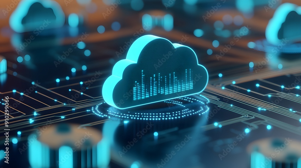 Poster futuristic cloud data management system with glowing digital elements, representing cloud computing 