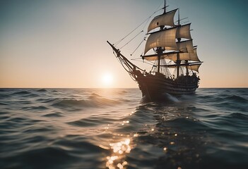 Fototapeta premium pirate sailing day ship sunny ocean boat sea sail sailboat water yacht vessel nautical travel mast sunset sky tall old vintage schooner cruise transportation