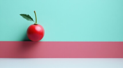 Red egg with green leaf on a pastel background.