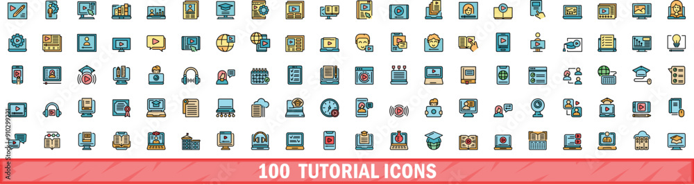 Poster 100 tutorial icons set. color line set of tutorial vector icons thin line color flat on white