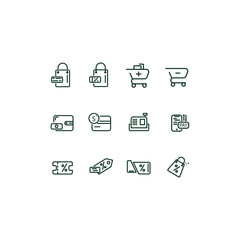 A set of shopping icons including a shopping cart, a wallet, a credit card
