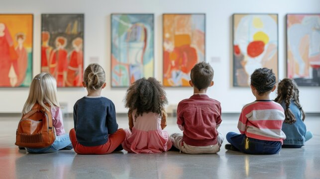 children's back Various groups of people sit on the floor in a modern art gallery and discuss paintings, illustrations, wallpapers.