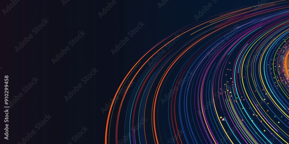 Poster abstract colorful circular lines on dark blue background create dynamic futuristic tech design. conc