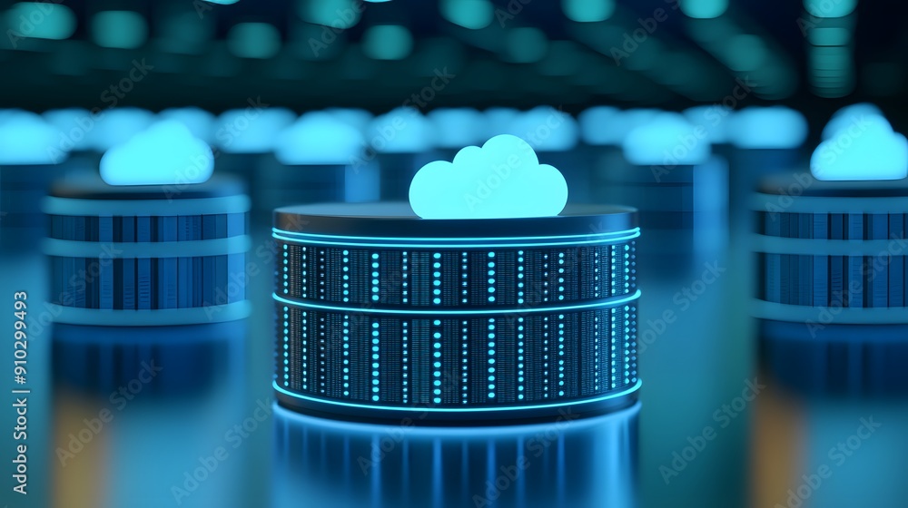 Poster futuristic cloud database servers in a data center, illustrating cloud computing, data storage, and 