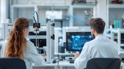 Fototapeta premium Behind the scenes, a team of skilled engineers sit at tables and perform quality checks on 3D printed prototypes inside a modern laboratory.