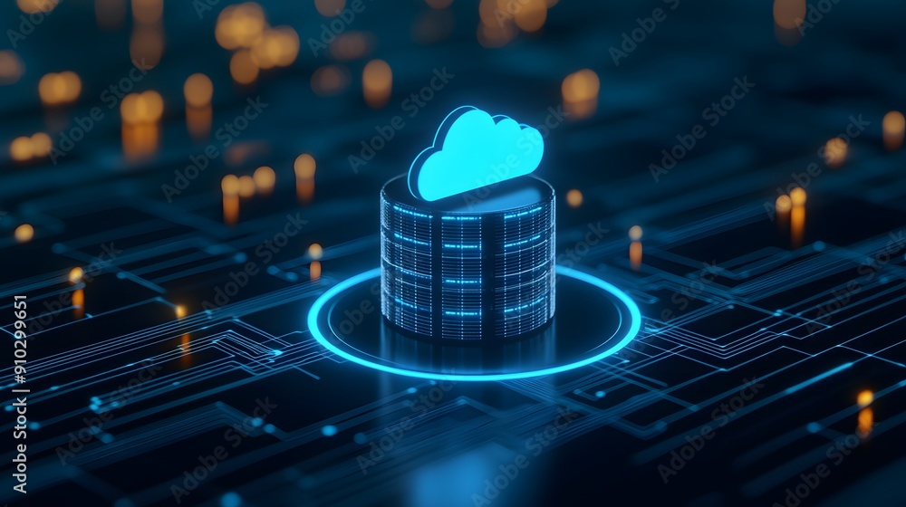 Poster futuristic cloud storage and data management concept with digital interface resembling a cloud serve