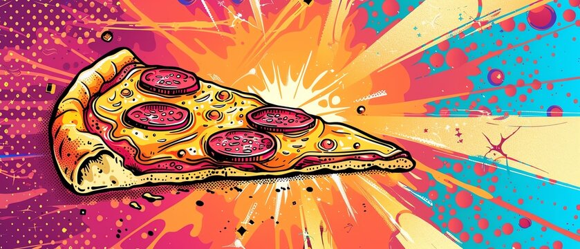Pop art pizza slice menu Colorful cafe background in pop art retro comic style