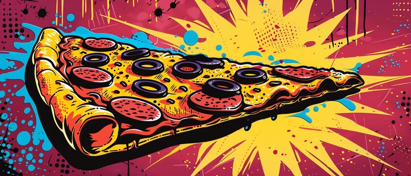 Pop art pizza slice menu Colorful cafe background in pop art retro comic style