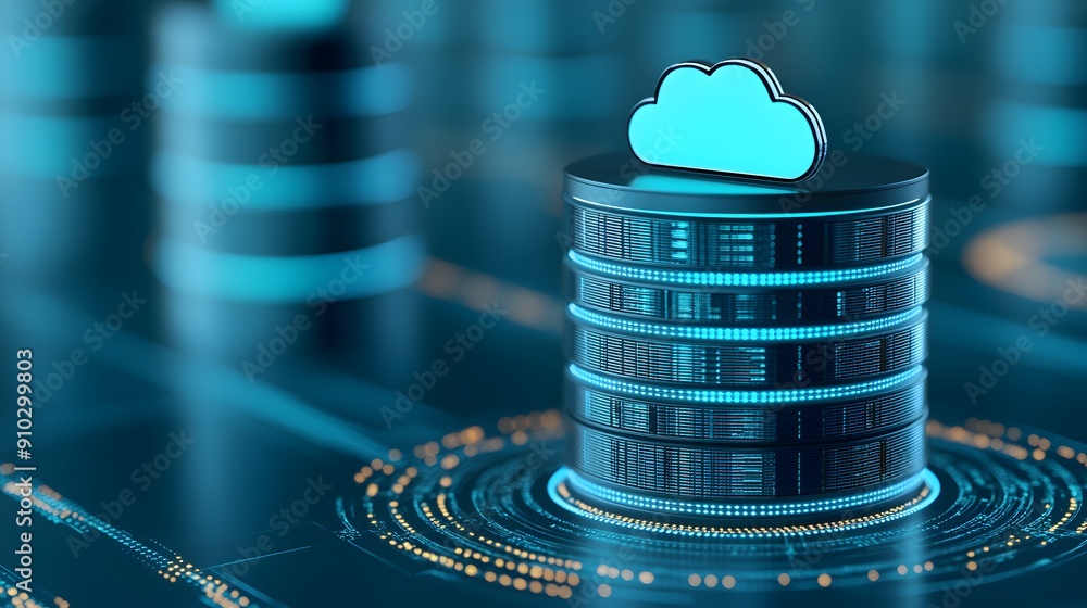 Poster futuristic cloud storage concept with a glowing blue data server stack symbolizing modern data manag