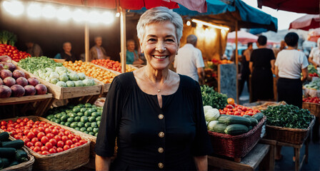 Obraz premium Portrait of an elderly woman with gray hair at a city market near stalls with fresh vegetables and fruits.