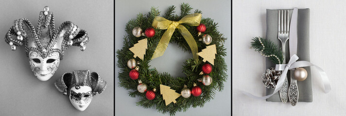 Collage. Carnival venetian mask, Christmas ring or wreath and table setting on the gray background.