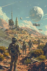 Flyer highlighting the colonization of a new planet, featuring autonomous human settlements with