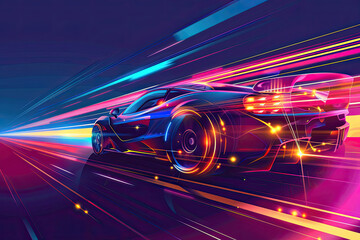 Neon racing car in vibrant motion on speedway