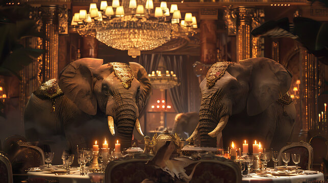Two elephants adorned in gold, surrounded by candlelight, in a luxurious dining room, evoking a sense of grandeur and whimsy. 
