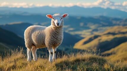 Fototapeta premium Majestic Sheep Standing on a Grassy Hill with Scenic Mountain Landscape in the Background During a Clear Day