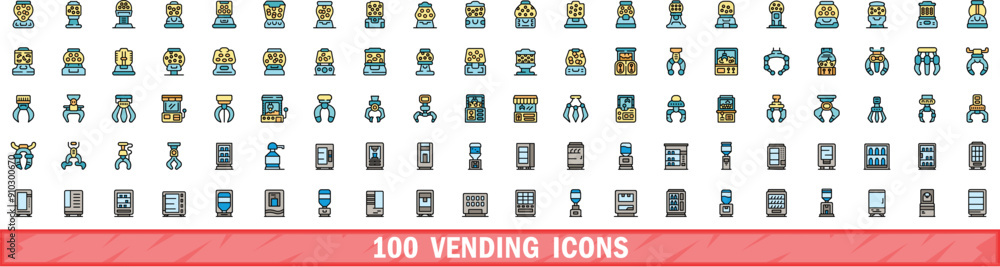 Poster 100 vending icons set. color line set of vending vector icons thin line color flat on white