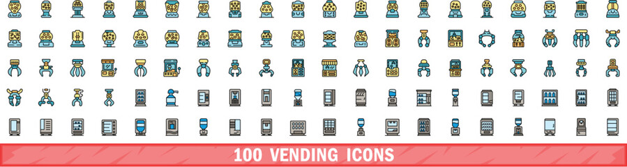 100 vending icons set. Color line set of vending vector icons thin line color flat on white