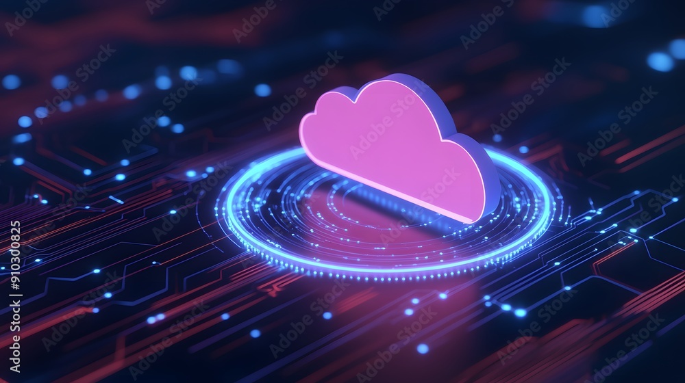 Poster futuristic cloud technology concept with digital dark background, representing data storage and comp