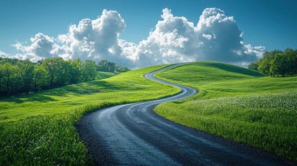 Serene Countryside Road Winding Through Lush Green Hills Under a Bright Blue Sky with Fluffy White Clouds