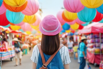 Obraz premium Public holiday street fair with vendors and games, lively celebration