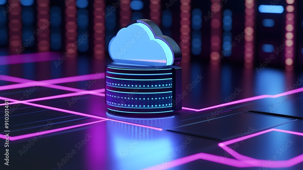 Poster futuristic cloud technology with digital data storage concept. neon lights and tech elements represe