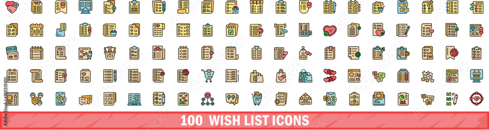 Poster 100 wish list icons set. color line set of wish list vector icons thin line color flat on white