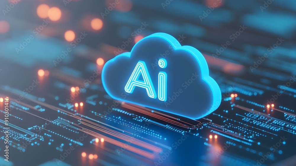 Poster futuristic concept of ai and cloud technology with a glowing 3d icon on a circuit board, representin