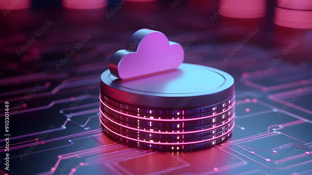 Poster futuristic concept of cloud computing, data storage, and server technology with neon lighting and a 