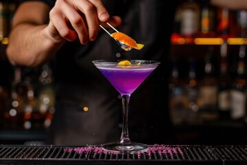 Bartender prepares cocktails Purple martini on the bar with alcohol Use tweezers to decorate. Illustration
