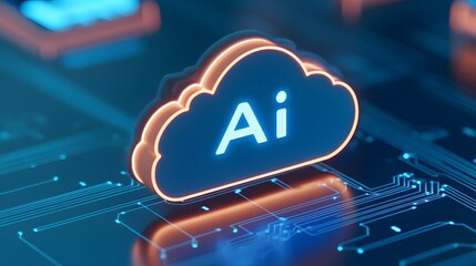 Futuristic concept of artificial intelligence in the cloud, represented by glowing AI icon on a circuit board.
