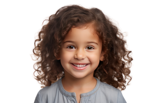 picture of a young child, smiling widely, isolated on a white background, showing brightness, cheerfulness, and innocence.