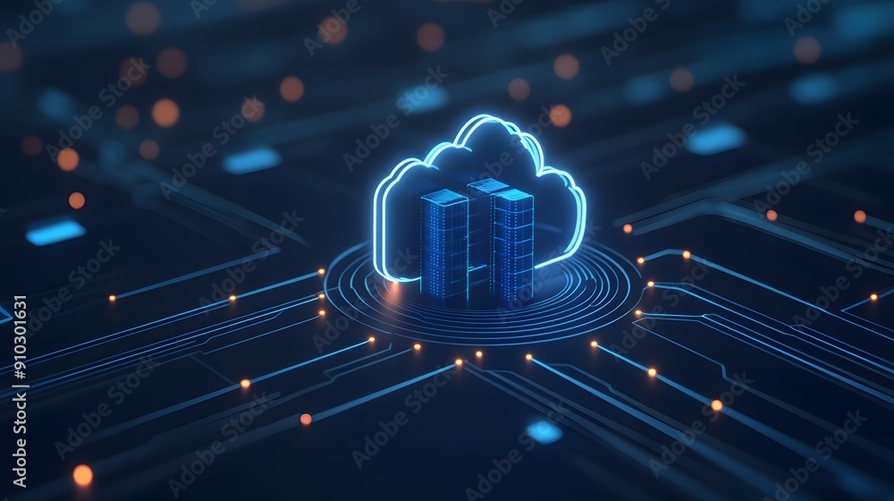 Poster futuristic concept of cloud computing, digital data storage, and virtual server network in a glowing
