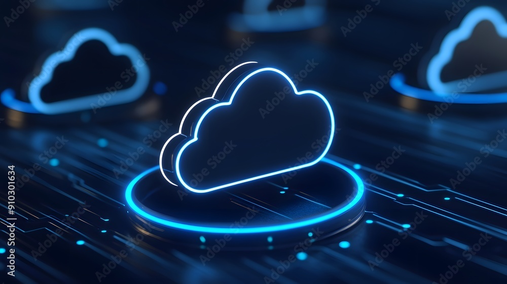 Poster futuristic concept of cloud computing. 3d render illustration of glowing cloud icons on a digital ne