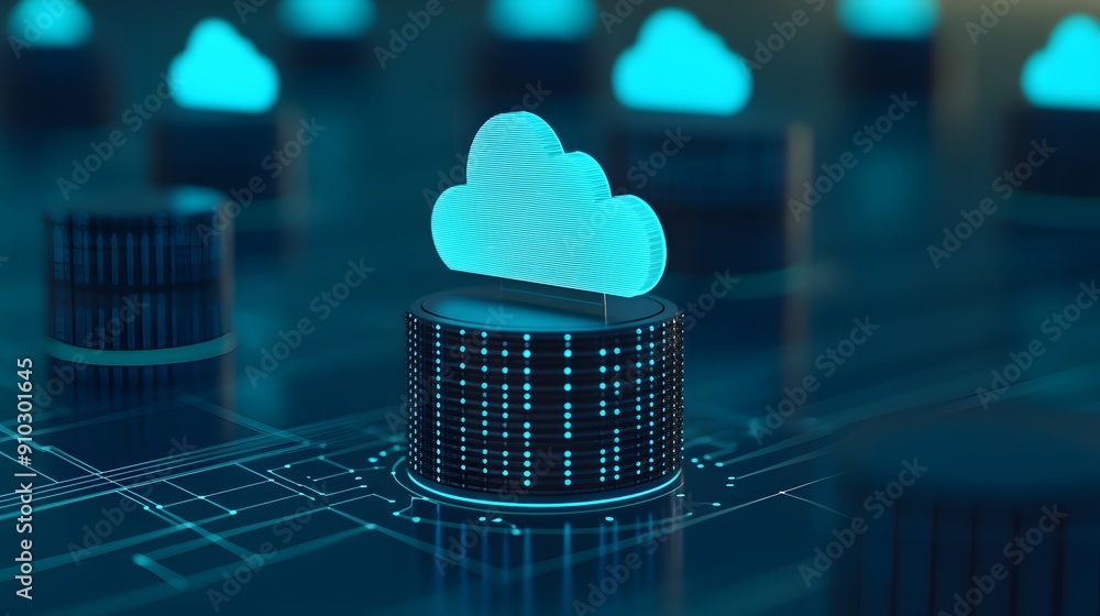 Poster futuristic concept of cloud computing, data storage, and networking technology with glowing cloud ic