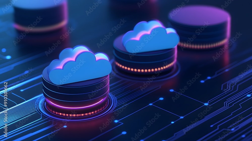 Poster futuristic concept of cloud computing technology, digital data storage with glowing cloud icons on a