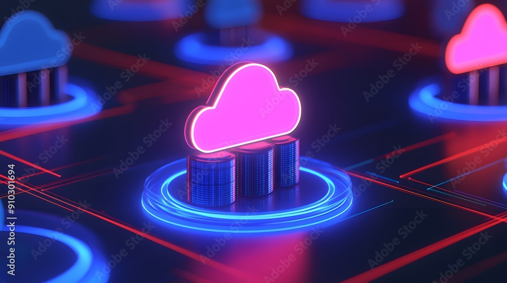 Poster futuristic concept of cloud computing technology with neon lights, highlighting data storage and ser