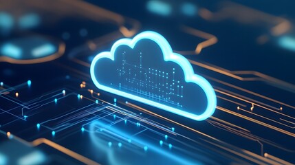 Futuristic concept of cloud computing technology, represented by a neon blue glowing cloud icon on a high-tech circuit board.
