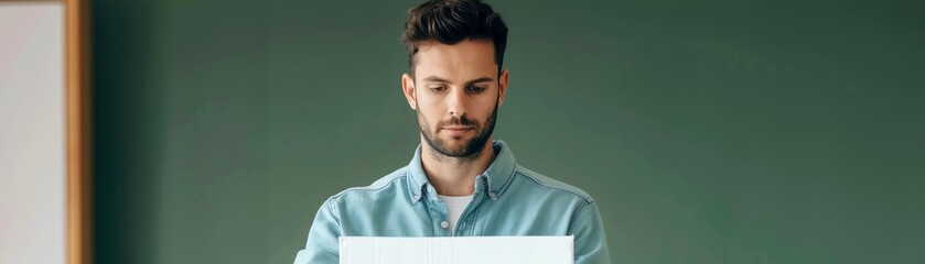 Fototapeta premium A young man casting his vote in the 2024 Australian elections, with an Australian ballot box and the national flag in the background Wide panoramic web banner in green